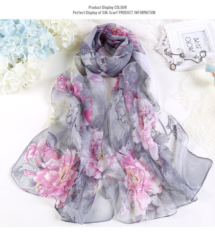 New Summer Korean-Style Peony Women's Long Chiffon Silk Scarf - Sun Protection