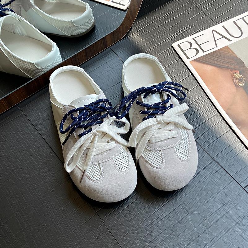 2025 Spring and Summer New Soft-soled Half-slippers Women's Mesh Breathable Bag Head Slippers Mandarin Duck Shoelaces Heel-free German Training Shoes