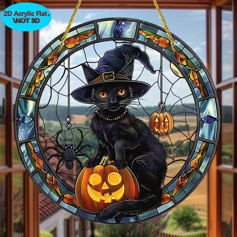 2D Flat Halloween Black Cat Acrylic Dream Catcher Pendant - Stained Glass Style Decorative Plate with Pumpkin and Spider Elements