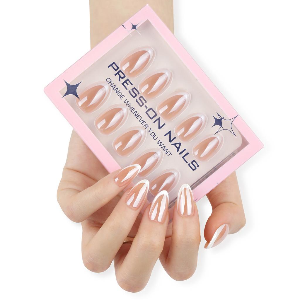 Premium sense 30 pieces Boxed wearing nail short almond nail fake nail classic French manicure nail piece