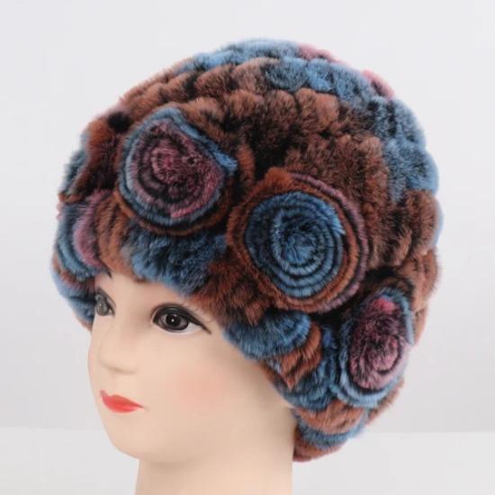 Hot Sale Winter Women Flower Striped Natural Real Fur Hats Lady Warm Knit Genuine Rex Rabbit Fur Caps Outdoor Fur Beanies Hats