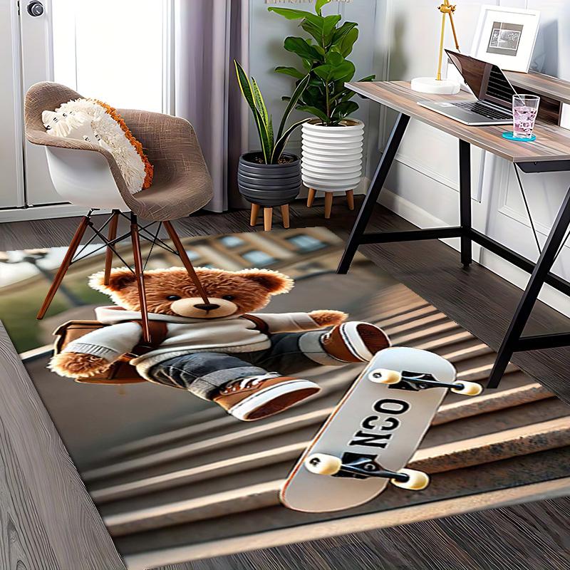 1pc Teddy Bear Skateboarding Chair Mat - Anime Cartoon Design Office Rug for Desk, Home Decor, Living Room, Bedroom, Game Room & Dormitory Carpet, Fes