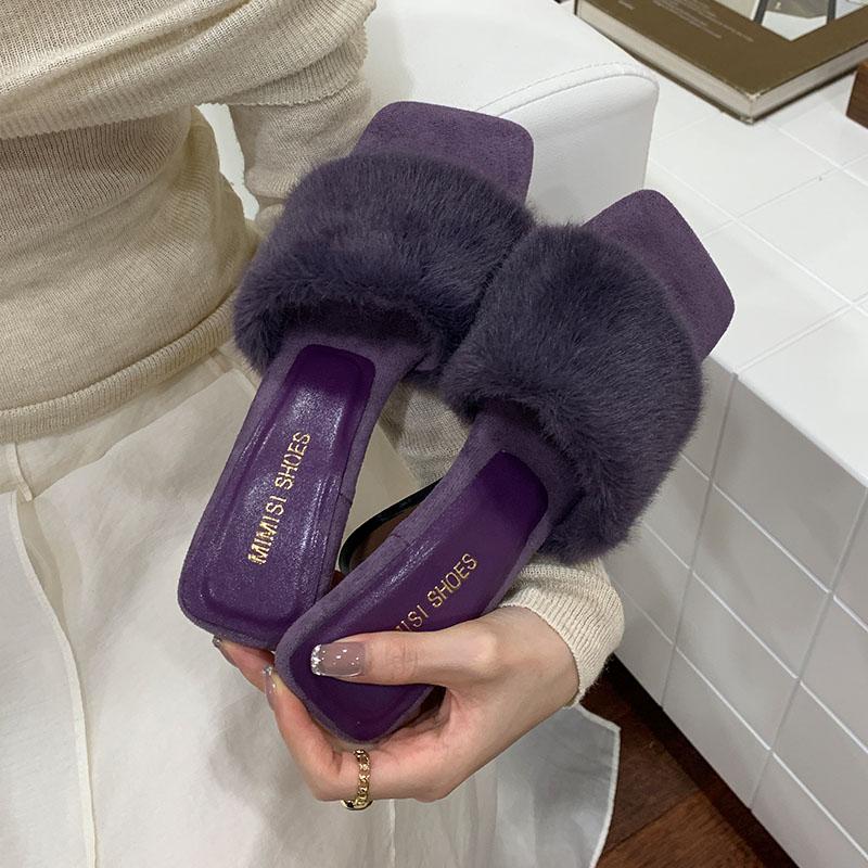 Fashion Female Wedges Footwear Warm Fashion Fur Women Pumps Heels Shoes Slides Square Toe Ladies Heeled Sandals Wedges Shoes