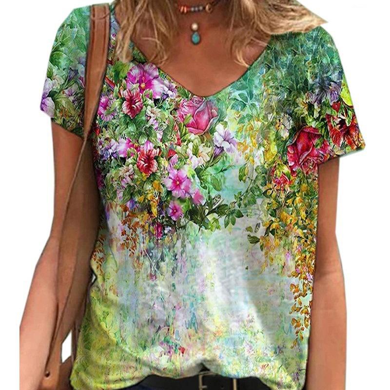 Sommer V-hals 3D Blomstertrykt Topp Moteable Casual Kortermet Dame T-skjorter