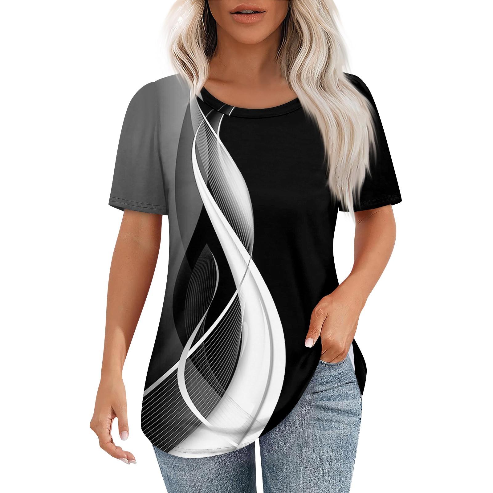 

Футболки для женщин, плиссированные, с круглым вырезом, нарядные, повседневные, блузки с принтом, с коротким рукавом, летние топы, свободный крой XXL чёрный