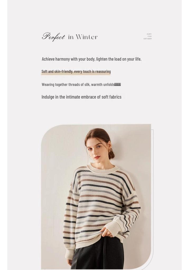 Striped Color Block Women's Drop Shoulder Cashmere Pullover Sweater
