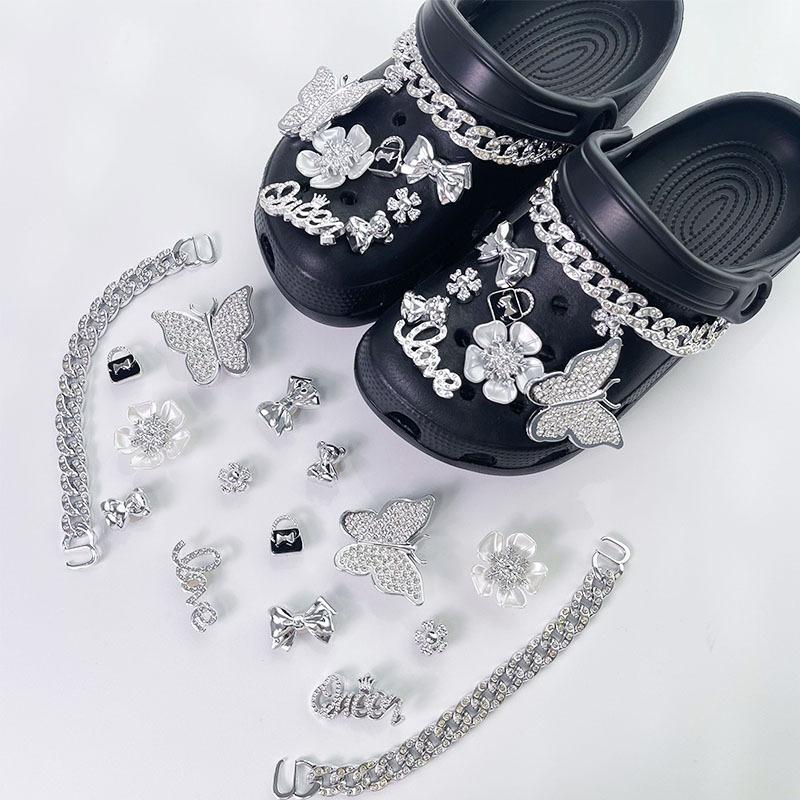16PCS Luxury Shoe Charms Set Accessories Hole Shoe Buckle Silver Rhinestone Butterfly Chain DIY Shoes Decorations Party Gift