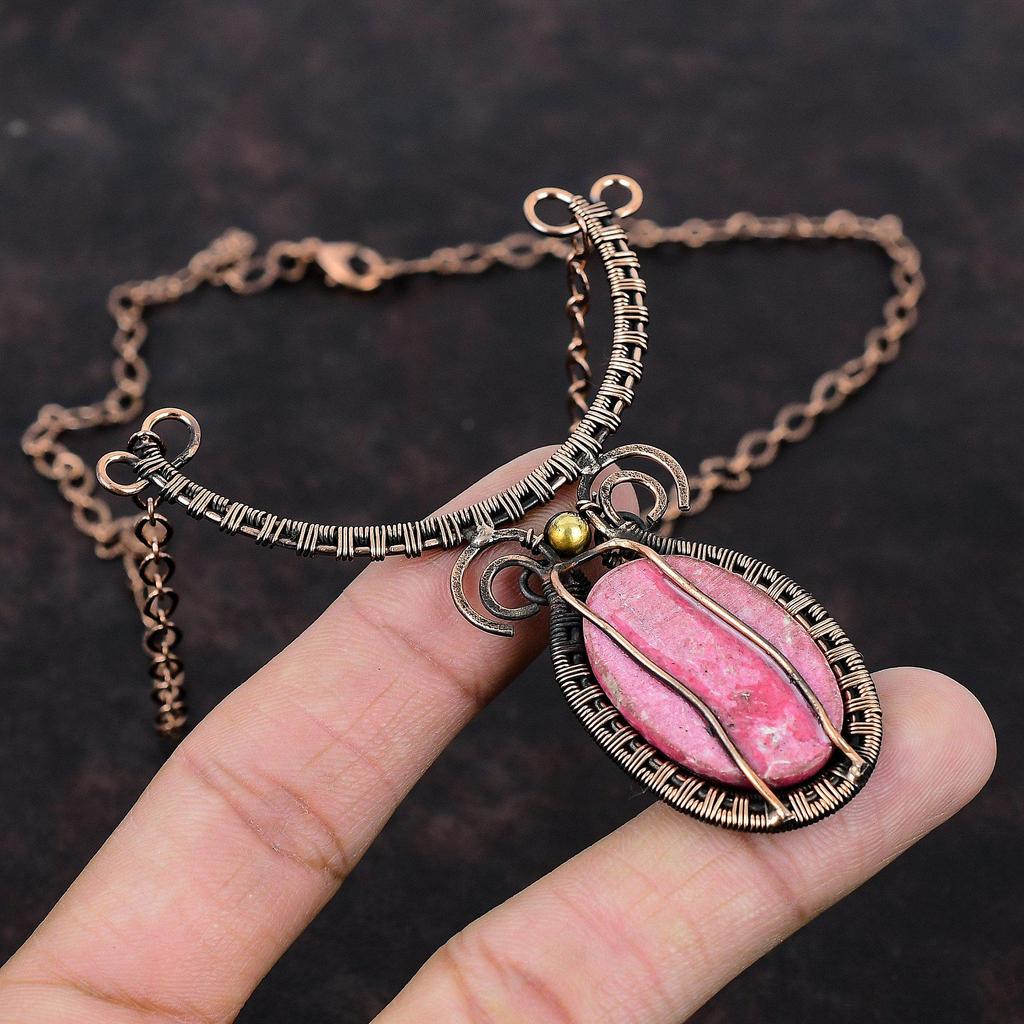 Thulite Gemstone Necklace Copper Wire Wrapped Necklace Handmade Copper Jewelry Adjustable Necklace Amazing Wire Wrapped Jewelry Wedding Gift