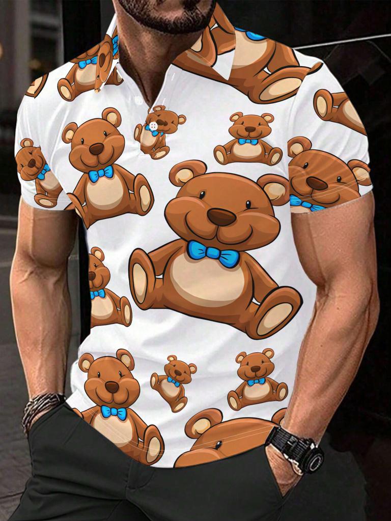 Men'S Short Sleeve Polo Shirt, Flat Digital Print Pattern - No Texture - Teddy Bear Pattern Print, Fashionable Easy Short Sleeve, Button-Up, Casual