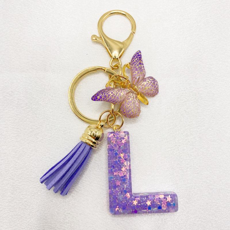 26-Letter Alphabet Resin Keychain with Star Sequins & Tassel Charm