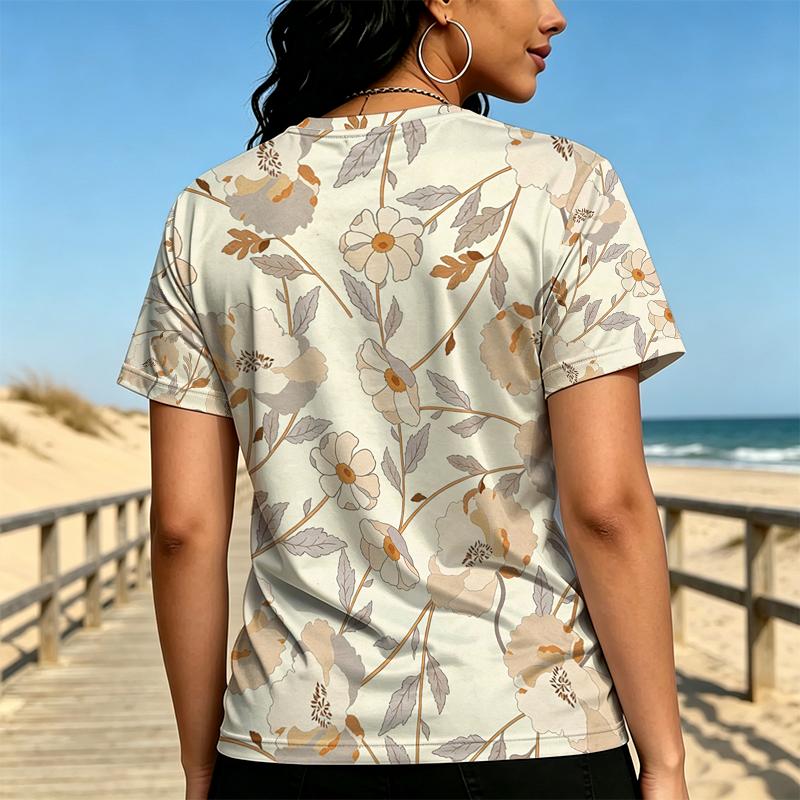 Women's Floral Collection Short Sleeve T-Shirt Soft Minimalist Design, Street Style Casual Top, Versatile for Daily Commute & School Outfits