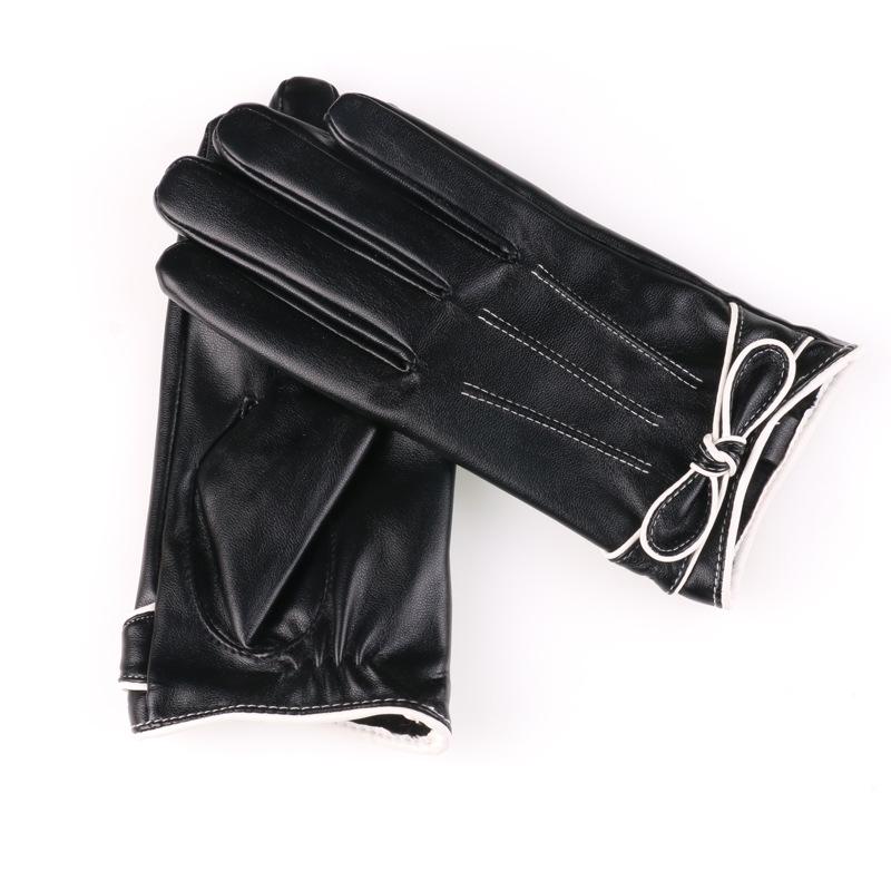 Autumn and Winter Warm Gloves Outdoor Driving and Riding Cute Bows Winter Plus Velvet Thickened PU Leather Touch Screen Gloves