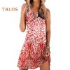 Damen Boho Ärmelloses Mini-Kleid Rundhalsausschnitt Bedrucktes Kurzes Tankkleid Sommer Lässig Strand Swing Sonnenkleid