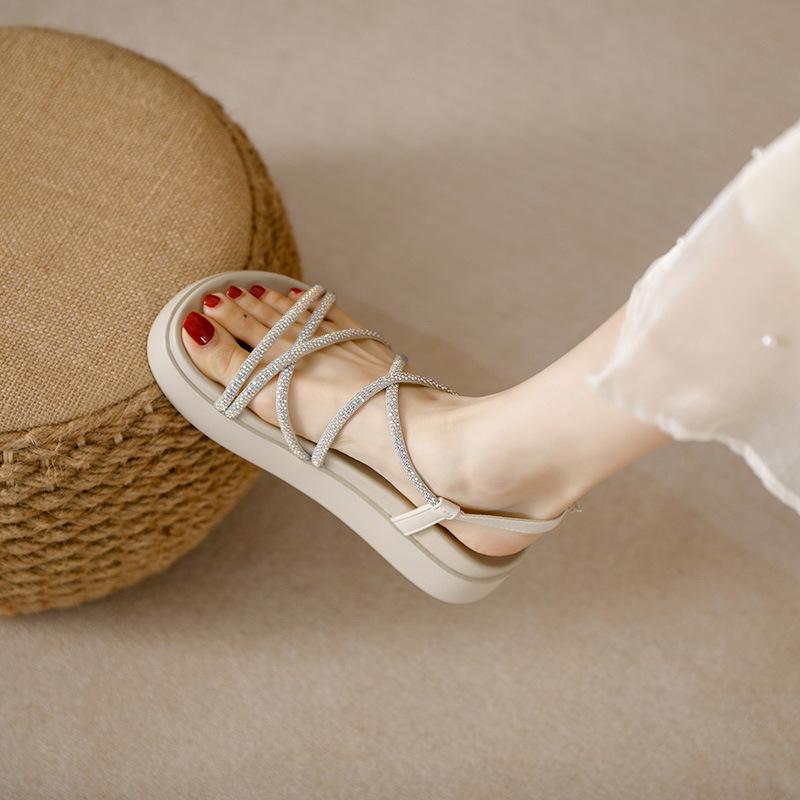 

2025 new cross-strap rhinestone buckle beach Roman shoes round head casual versatile platform sandals women s summer 40 абрикосовый