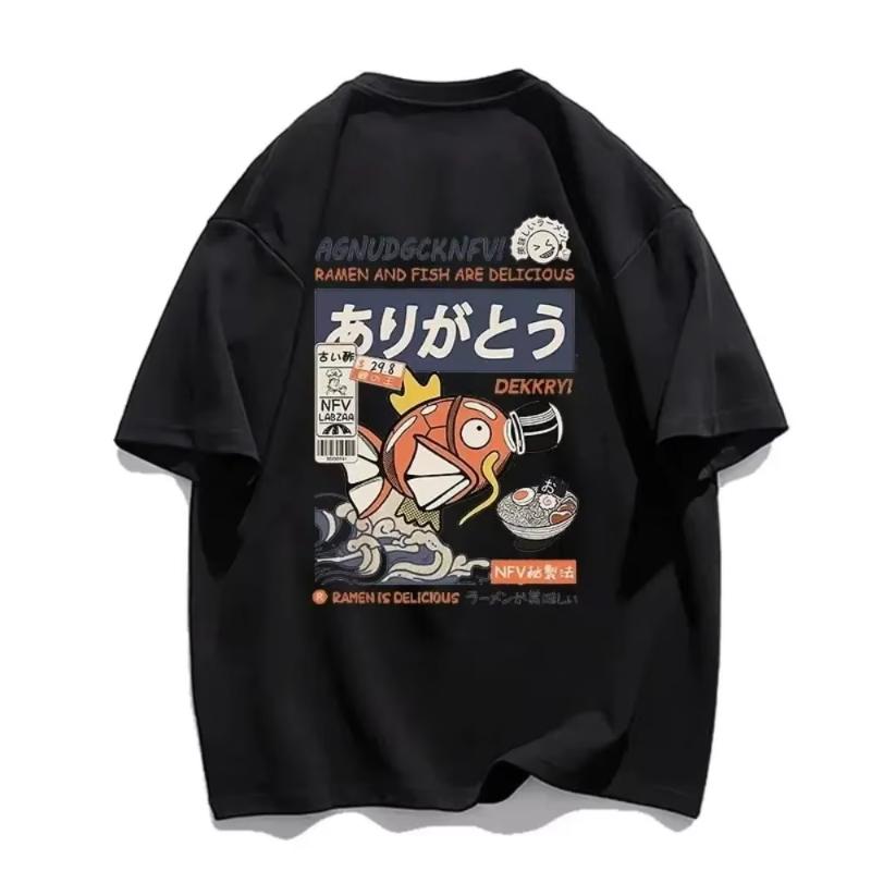2025 Summer New Pokemon Carp King Cartoon Print T-shirt Loose and Fashionable Short-sleeved Couple Tops for Men and Women 09