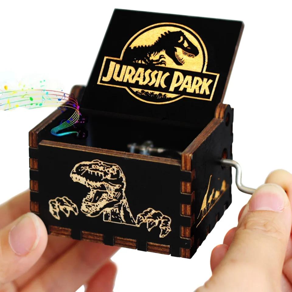 **Hot Antique carved Wooden Hand Crank Jurassic Park Music Box Action Toy Figure Anime Model Christmas Birthday Gift
