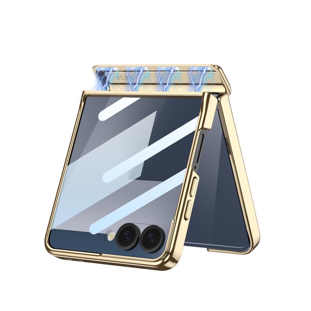 Magnetic Hinge Wireless Charge Case for Samsung Galaxy Z Flip 7 Plating PU Leather Screen Glass Cover For Galaxy Z Flip7 Case