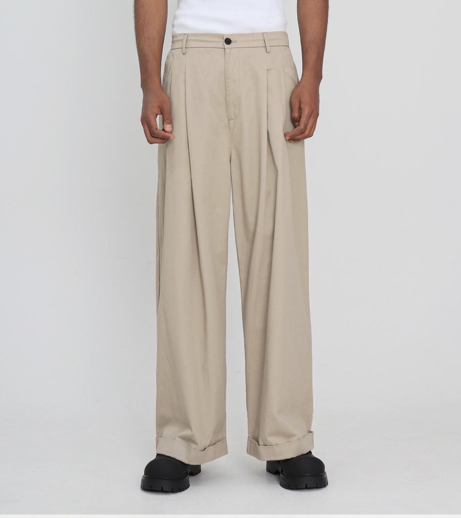 Beoteunseoul Two-Pin Tuck Elastic Waist Wide Chino Pants (Beige)