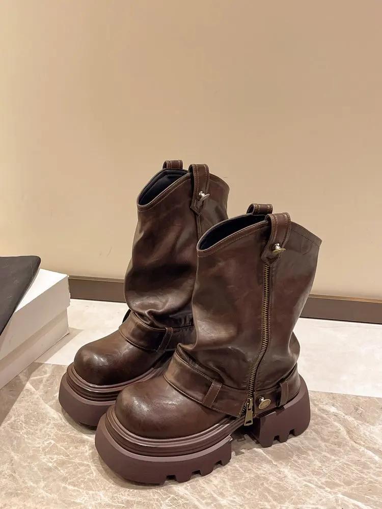 

Мода 2025 Кожа PU Весенние Туфли с Круглым Носком Мотоциклетные Ботинки Женские Ботильоны Женская Мода Труба Осенние Мокасины 36 коричневый