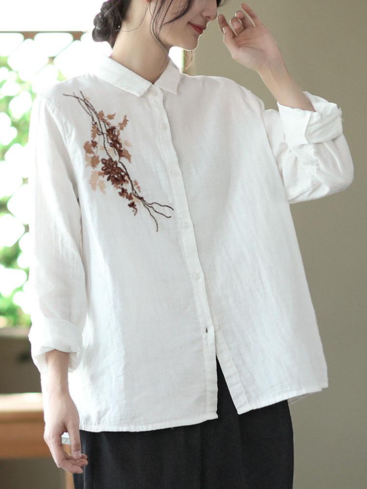Johnature Women Vintage Embroidered Cotton Blended Shirt Turndown Collar Casual Long Sleeve Blouse Spring Loose Shirts