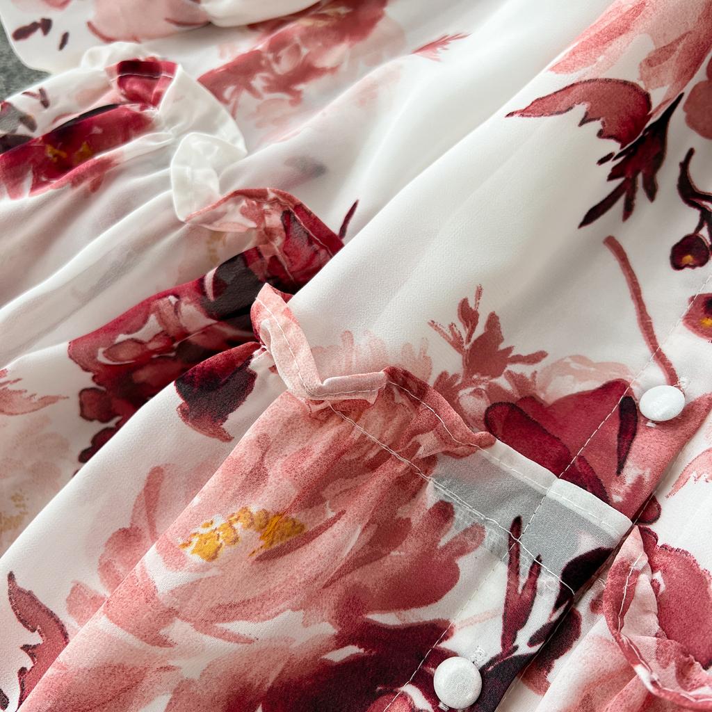 Women Elegant Vintage Mid Dress Bow Neck Retro Flower Print Long Sleeve Dresses with Belt