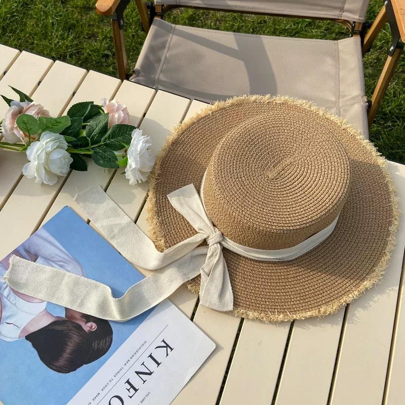 Flat-top straw hat women's straw top hat, new summer big-brimmed sun hat, seaside vacation sun hat