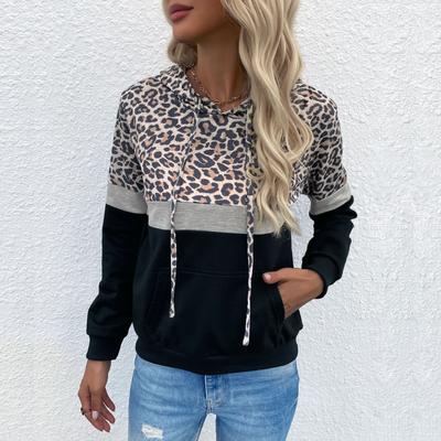 Leopard Print Patchwork Women Hoodie Loose Winter Fall Pocket Sweatshirt