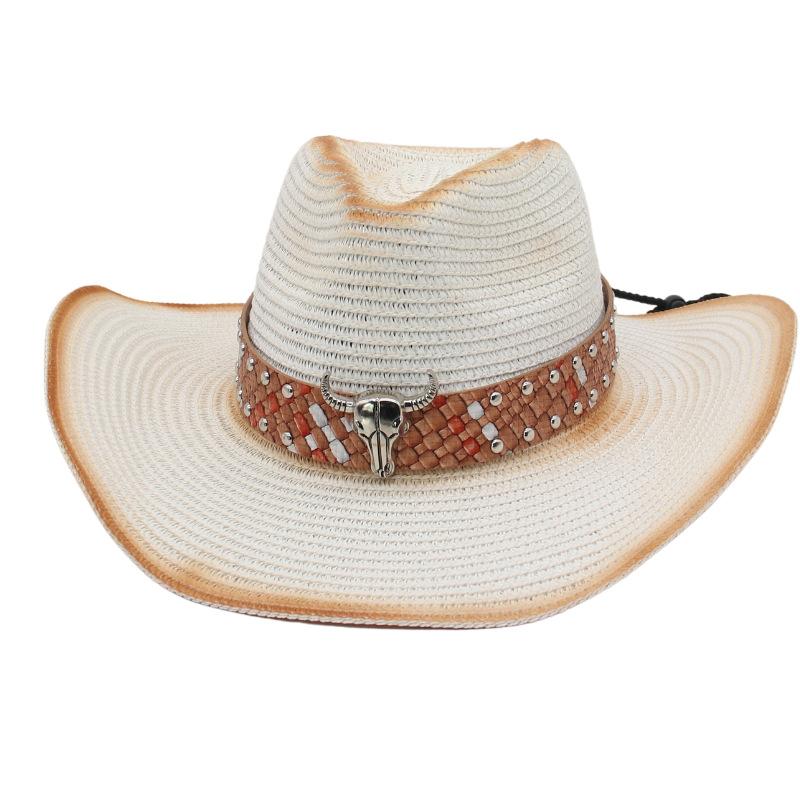 Frühling und Sommer Böhmisch West Stierkopf Cowboy Strohhut Grenzüberschreitender Außenhandel Winddichtes Seil Tibetisch Tibetisch Geschenk Hut