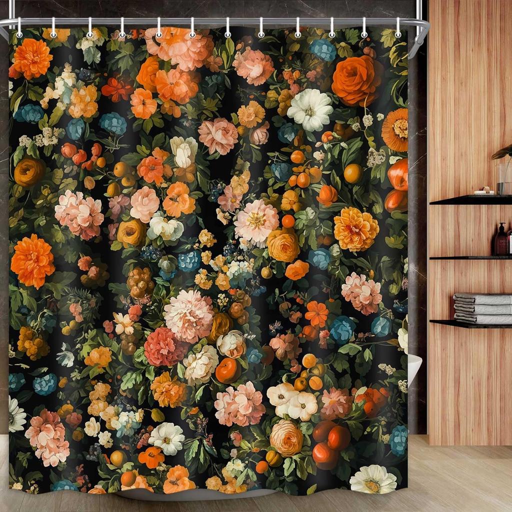 Floral Shower Curtain for Bathroom,Vintage Floral Shower Curtain Set Orange Flower Plants Bathroom Curtains Decor,Waterproof