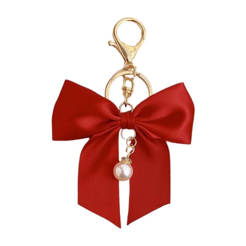 Fashionable Ribbon Bows Key Holder With Imitation Pearls Detailing Metal Keyring Compact Decorative Keychain Bag Pendant красный