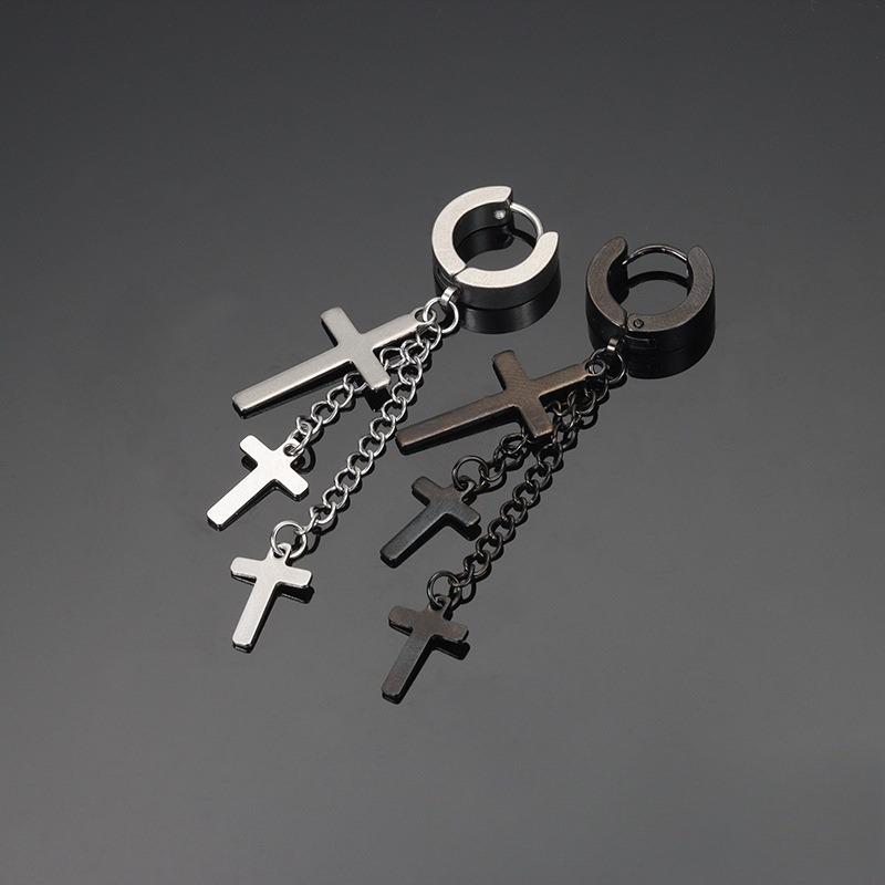 Titanium Steel Three Cross-shaped Earrings with Ear Hooks, Chain and Tassel Accessories, Ear Jewelry Pieces