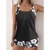 Conjunto Tankini Feminino Preto com Estampa Floral Costas Nadador Duas Peças Roupa de Banho Modesta com Shorts