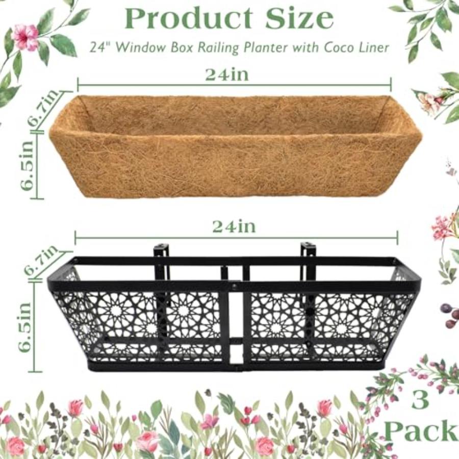 3 Pack Metal Window Box for Railings 24 Inch Over Railing Planter Boxes with Coco Liners Hanging Flower Box Planters for Outdoo
