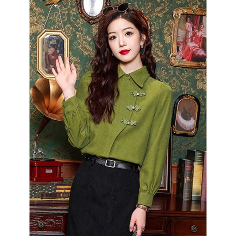 

Новая китайская женская рубашка-поло с воротником-поло на пуговицах, стиль ранней весны, гонконгский стиль, ретро-рубашка, зеленая рубашка 2XL зелёный