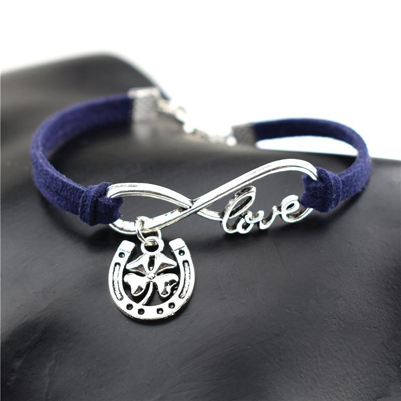 

Кожаный браслет «Бесконечная любовь» с лошадью и подковой для женщин и мужчин, копыта, счастливый подарок, браслеты с подвесками в виде четырехлистного клевера темно-синий