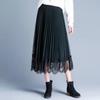 Autumn/Winter Lace Pleated Skirt - Korean Style Slim Fit, Plus Size, Mesh Tulle, Black/Green