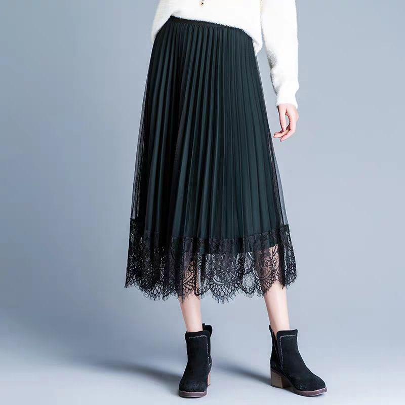 Autumn/Winter Lace Pleated Skirt - Korean Style Slim Fit, Plus Size, Mesh Tulle, Black/Green