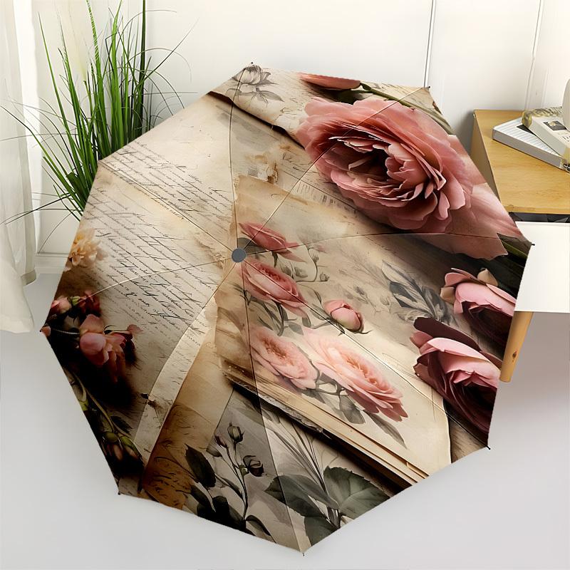 

Vintage Roses Ephemera Themed Automatic Opening and Closing Umbrella, Brightly Colored 8-rib Portable Umbrella, Suitable for Men and Women,