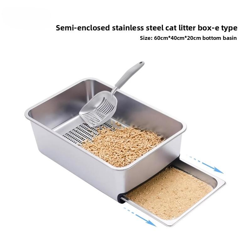 Stainless Steel Cat Litter Box Semi-Enclosed Design Cat Bedpans Anti-Scatter Pet Toilet for Easy Cleaning Durable Feline Supplie