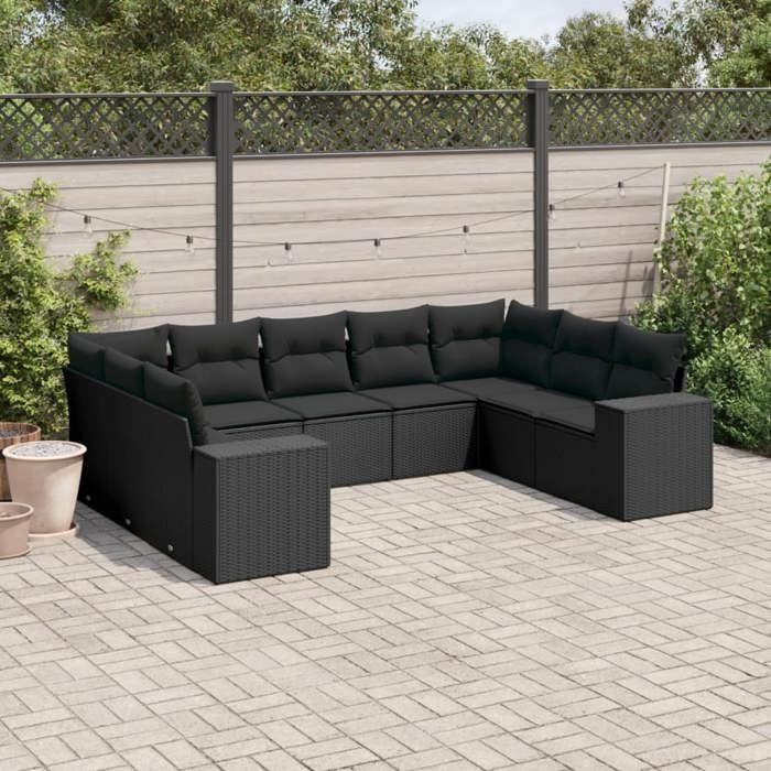 VidaXL Salon de Jardin avec Coussins 9 pcs, Canapés de Terrasse, Ensemble de Meubles de Patio, Mobilier d'Extérieur, Noir 3255332