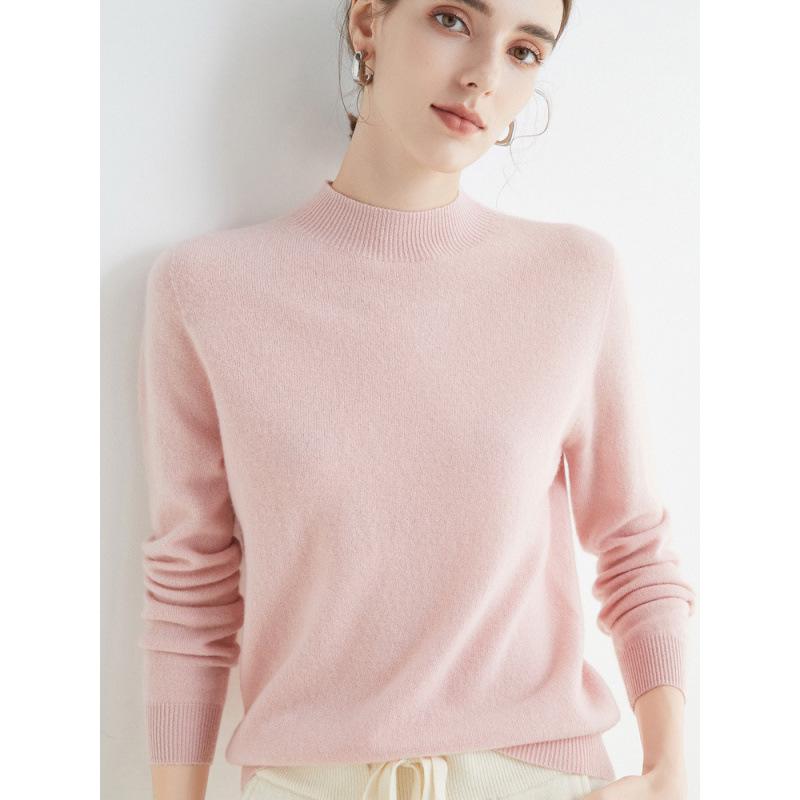 Women's Slim-Fit Autumn Sweater, Fashionable Half-High Neck, Versatile Pure Wool for Layering or Outerwear, Skin-Friendly.