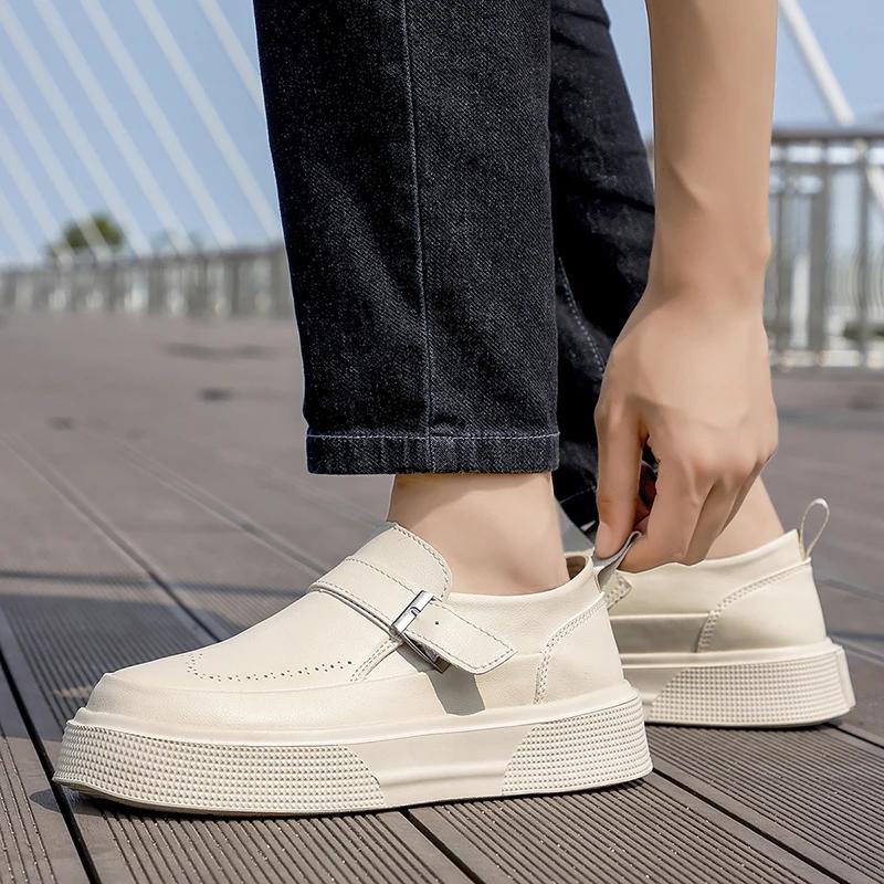 Fashion Casual Leather Shoes For Men Thick Bottom Walking Loafers British Style Comfy Outdoor Slip-on Lightweight Driving Shoes