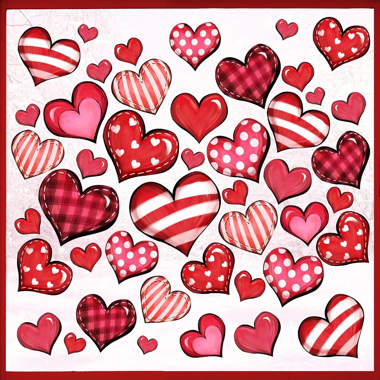 Mfault Valentine s Day Window Clings 4 Sheets, Red Pink Love Hearts Plaid Stripes Polka Dots Valentine Wall Sticker Decal Decoration, Anniversary Valentines Heart