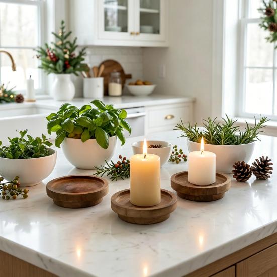 Candle Holder Tray, Round Wood Decorative Candle Plate, Rustic Tealight Pillar Candle Tray for Farmhouse, Kitchen, Coffee Table Decor