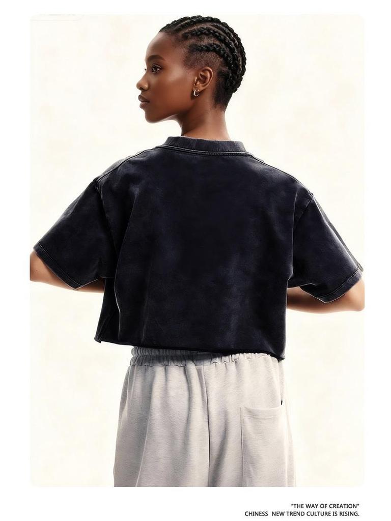 Women's Washed Vintage Cropped T-shirt: Heavyweight 230g Pure Cotton, Retro Loose Fit, Short Sleeve Waist-Length Top