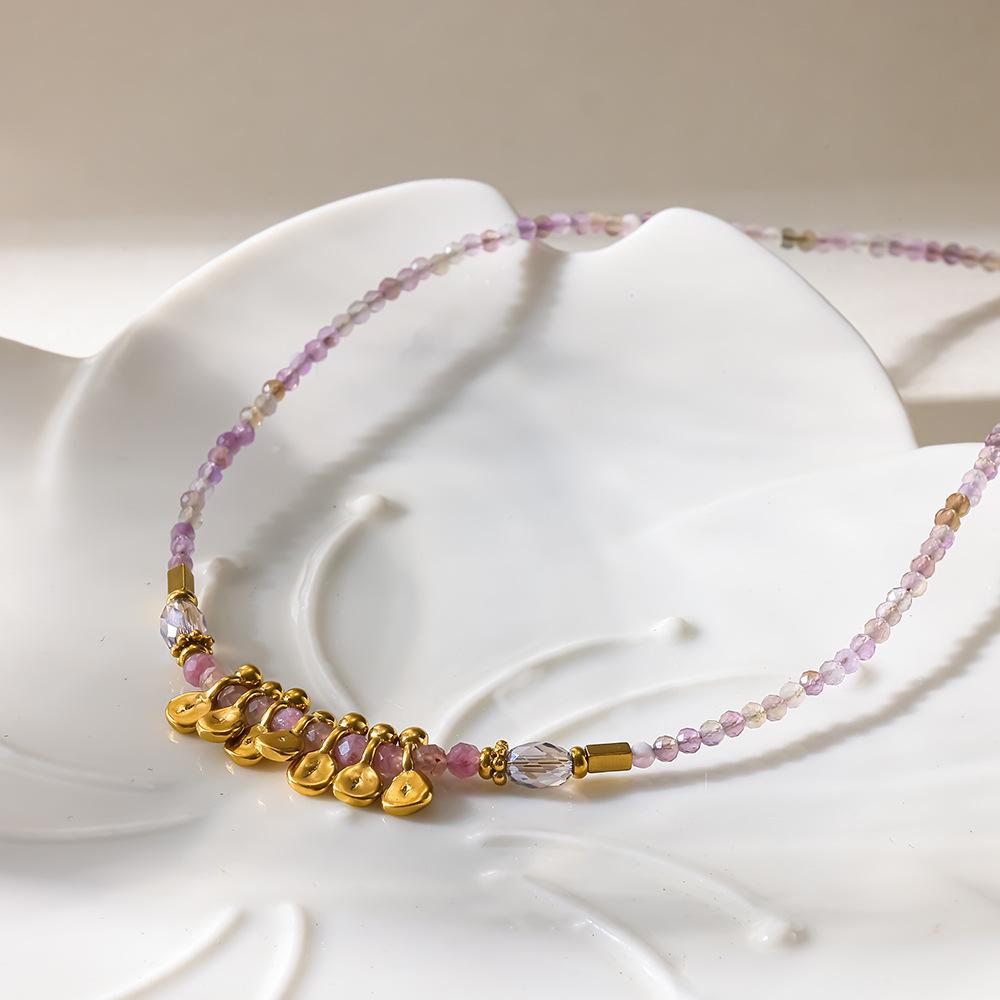 European and American sweet wind lavender natural stone beaded necklace niche plated 18k gold stainless steel disc fringed collarbone chain