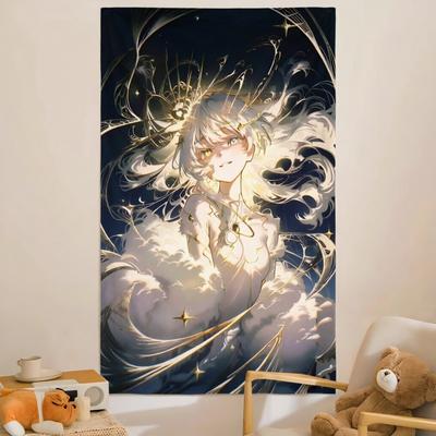Anime Girl Tapestry Golden Star Cloud Aesthetic Wall Hanging Polyester Room Decoration Items Home Bedroom Dorm Background Wall