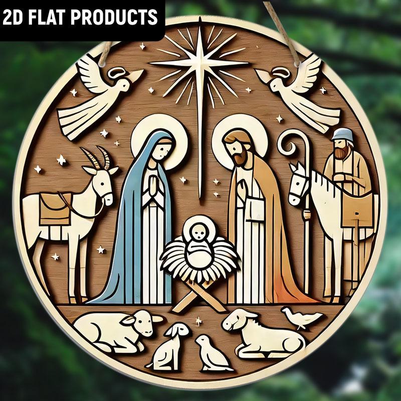 Klassische Holzszene Wandplakette aus Holz - Engel, Heilige Familie, Tierdesign | Mehrfach verwendbare flache 2D-Dekoration | Ohne Strom | für Tür, Wand, Zuhause