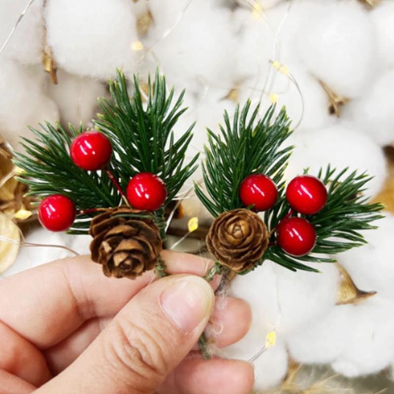 Faux Pine Cones with Red Berries Realistic Look Pinecones Ornament for Christmas Tree Party Decorations