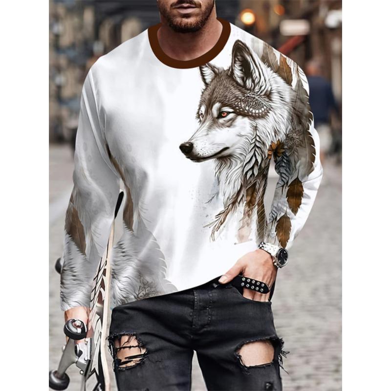 2025 Novo Top Masculino com Estampa de Lobo Outono e Inverno Casual Diário Camiseta Masculina de Manga Comprida Moda de Rua Top Masculino de Manga Comprida